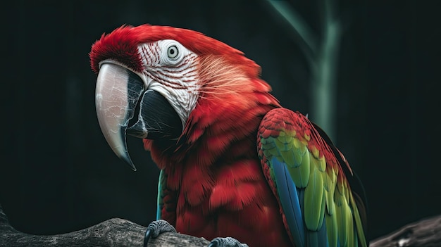 A red parrot sits on a branch in a dark forest.