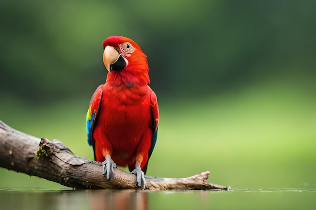 A red parrot sits on a branch in a tropical forest.