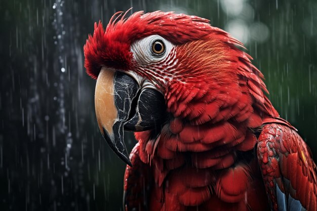 Red parrot standing in the rain