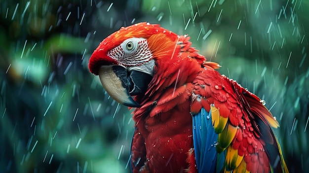 雨の中に立っている赤いオオカミ