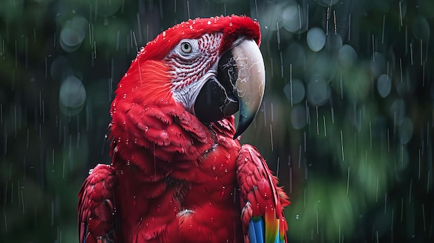 Red Parrot Standing in the Rain