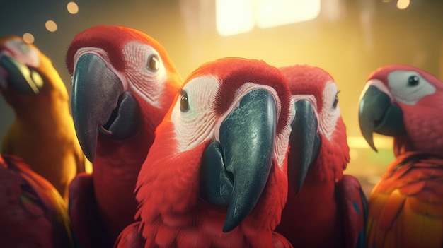 A red parrot with a black beak and a red parrot on the right.