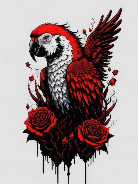 A red parrot with a white wing is standing on roses.