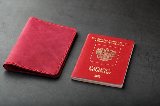 Red passport cover made of genuine leather handmade.