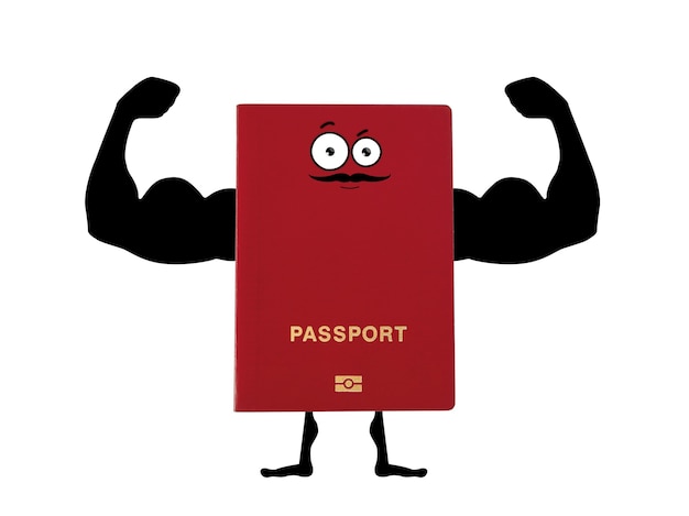 Passaporto rosso con le mani disegnate a mano di un bodybuilder