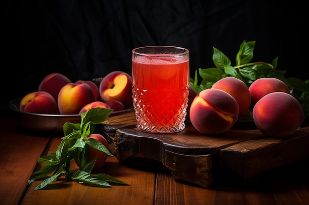 Красные персики с стаканом сока на деревянной тарелке