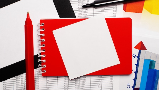 Red pen, black marker, color charts, red notepad and white blank paper