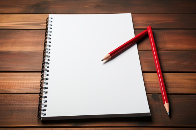 Red pencil and notepad on a wooden table for jotting goals and tasks