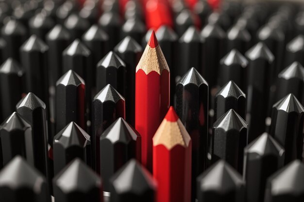 Красный карандаш выделяется из толпы многих одинаковых черных карандашей