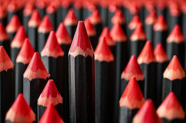 Красный карандаш выделяется из толпы многих одинаковых черных карандашей
