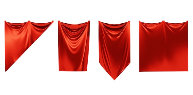 赤いペナントフラグモックアップ中世のぶら下がっているテキスタイルペノンさまざまな形3dレンダリング白い背景に分離された流れるシルク生地の現実的なセット空白の垂直バナー