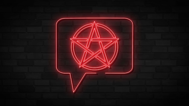 Foto pentagramma rosso insegna al neon di pentagramma e fumetto in stile grunge su sfondo muro di mattoni