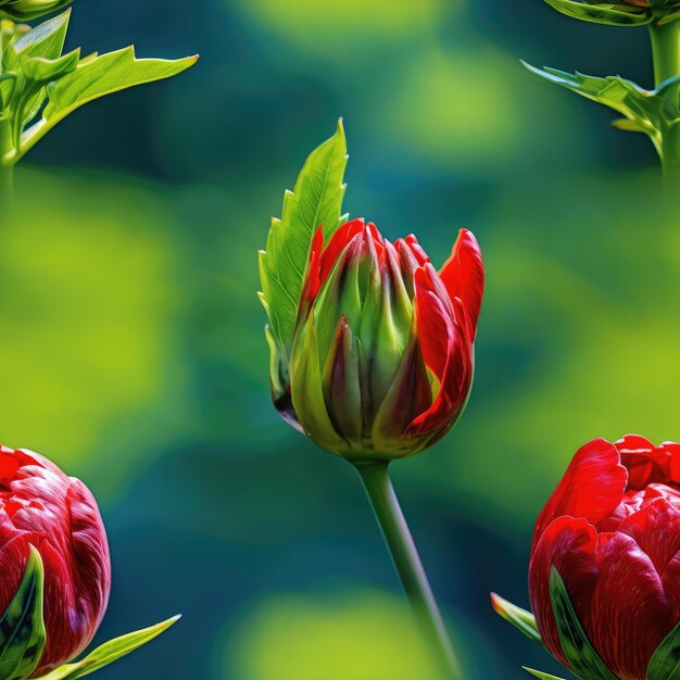 Red Peony Seamless Pattern Red Peony Bud on a Green Background in Bright Daylight Generative AI Illustration