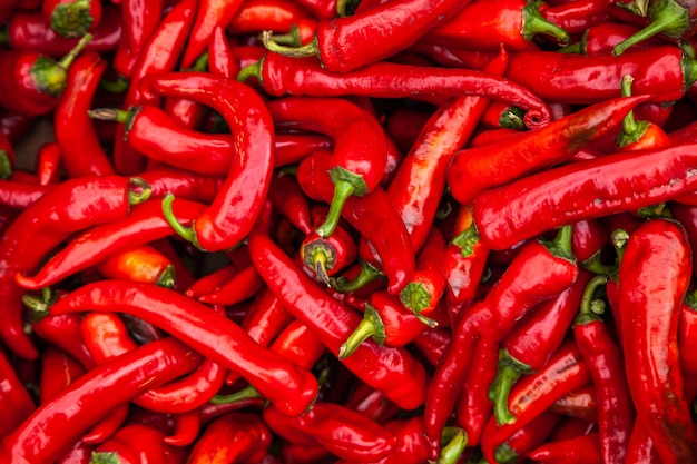 Red pepper. Bunch of ripe big red peppers at a street market.