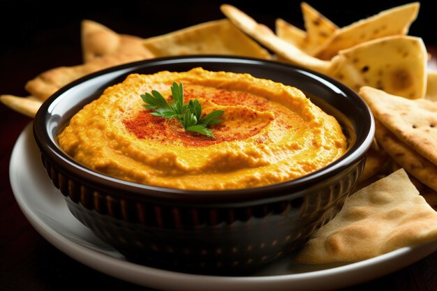 Photo red pepper hummus with pita chips