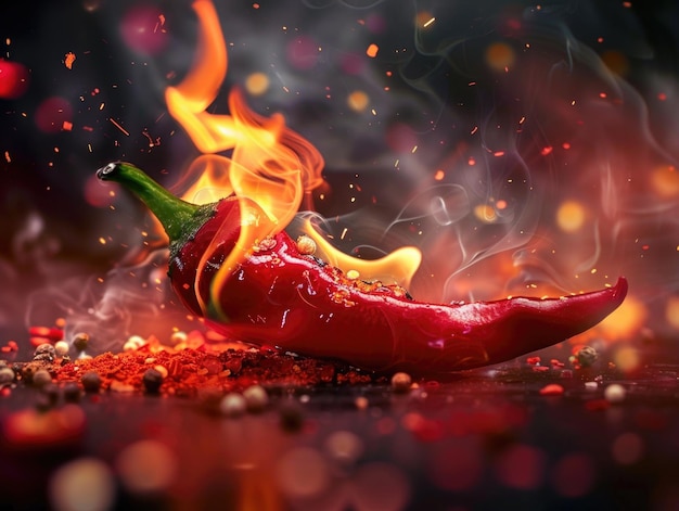 Photo a red pepper is on fire and surrounded by spices