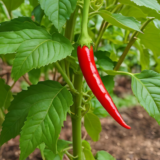 a red pepper is growing on a plant in a garden