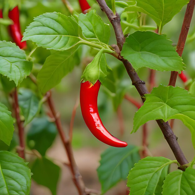 a red pepper is growing on a tree