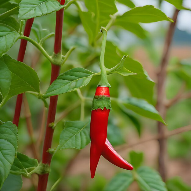 a red pepper is hanging from a plant