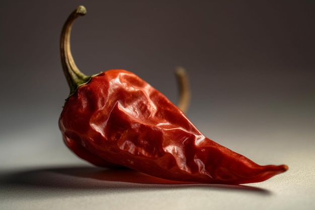 A red pepper is laying on its side on a gray background.