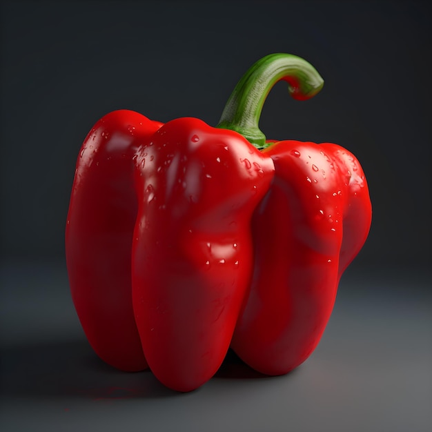 A red pepper with a green stem is sitting on a gray surface.