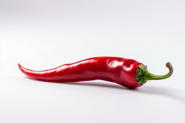 A red pepper with green stem sits on a white surface.