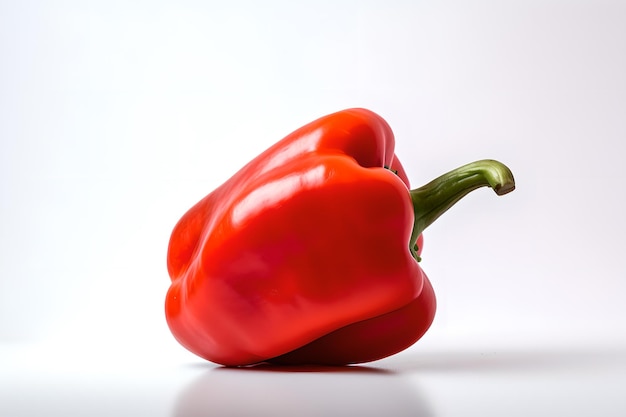 A red pepper with green stem sits on a white surface.