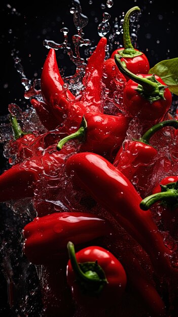 Photo red peppers are being splashed into a pool of water