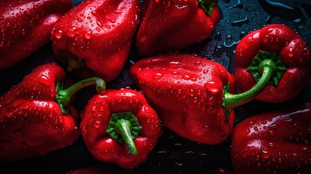 Red peppers on a black surface with water droplets on them