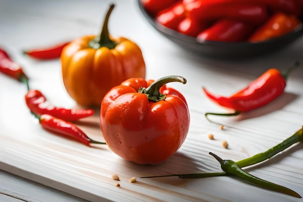 Red peppers on a wooden cutting board with a black bowl of water and a black bowl of chili peppers on the table.