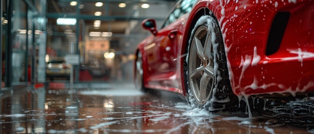 Photo red performance car getting care and treatment at a professional vehicle detailing shop detailer washing smart soap and foam away with a water high pressure washer