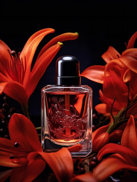 Photo red perfume bottle surrounded by red flowers transparent bottle of perfume vertical orientation