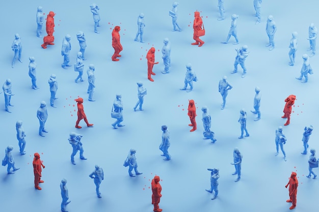 Red person in a crowd of people high risk to spread disease viruses 3d render