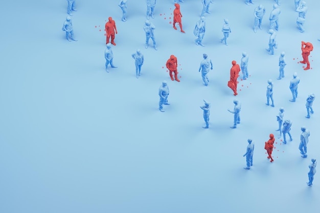 Red person in a crowd of people High risk to spread disease viruses 3d render