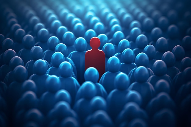 a red person standing in a crowd of blue people