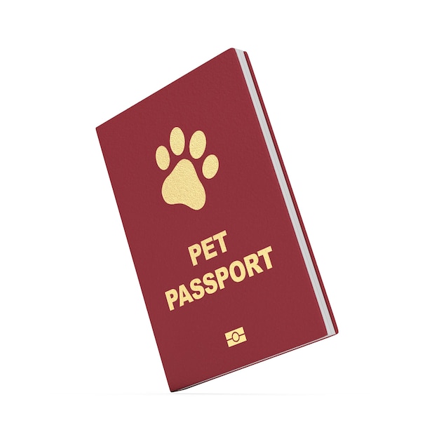 Red Pet Passport Document or Dog and Cat Transportation Certificate with Golden Paw on Cover 3d Rendering