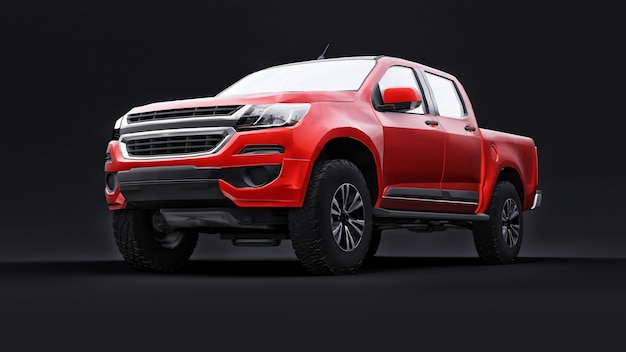 Red Pickup Car On A Black Background. 3d Rendering.