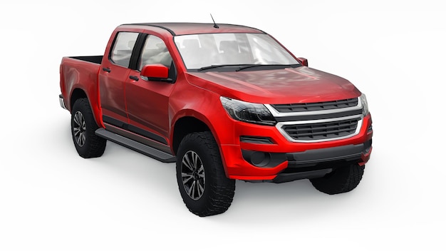 Red pickup car on a white background. 3d rendering.