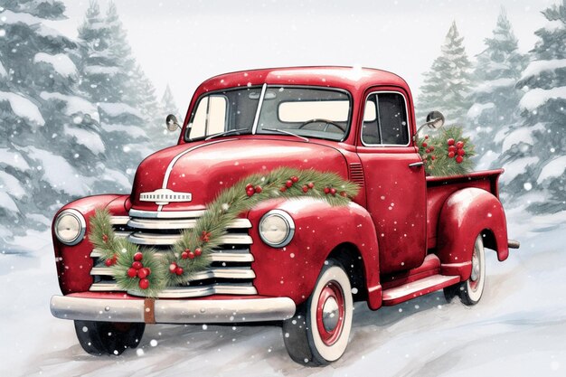 Red pickup truck in snowy christmas scene