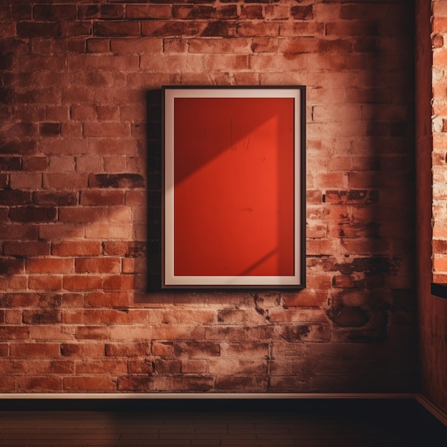 A red picture on a brick wall