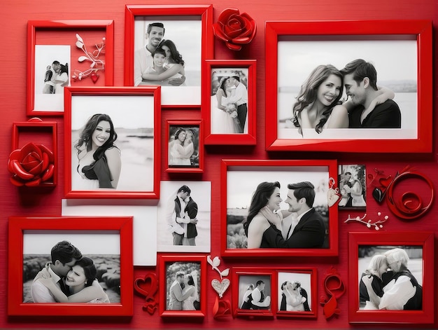 a red picture frame with a couple and a red rose on it