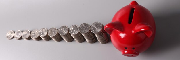 Red pig piggy bank and stacks of coins top view accumulation of funds concept