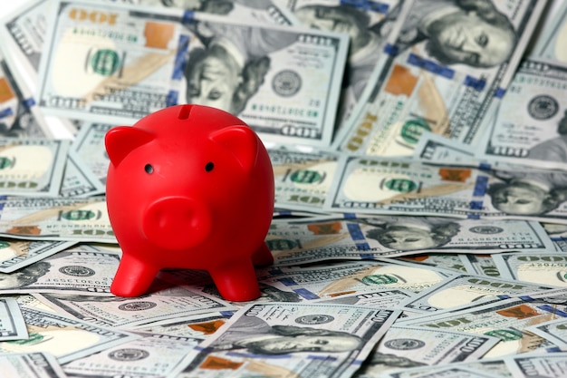 Red piggy bank and background dollars