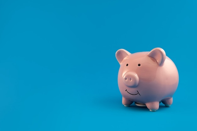 Red piggy bank on blue background