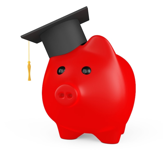 Red Piggy Bank with Graduation Hat on a white background