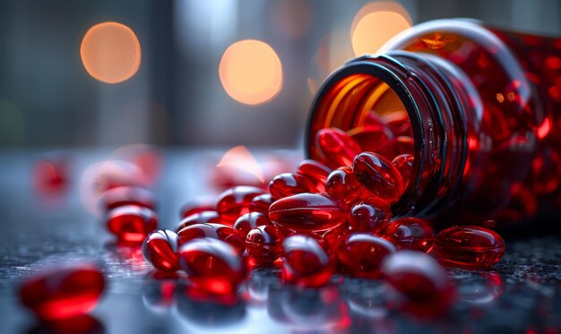 Красные таблетки выливаются из бутылки Красные мультивитамины и мягкие гели с рыбьим маслом выливается из открытой бутылки