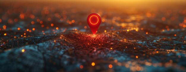 Red pin indicating location in the middle of the ocean with the sun in the background 3D rendering