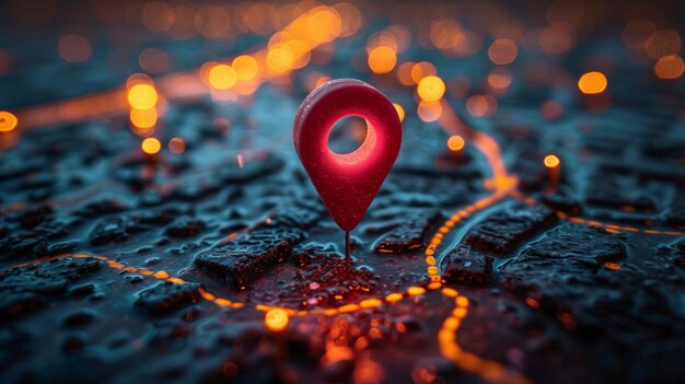 Red Pin on Map With Background Lights