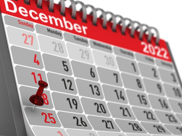 Red pin marking christmas day on calendar on white background Isolated 3D illustration