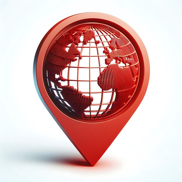 a red pin with a world map on it Map pointer icon with globe